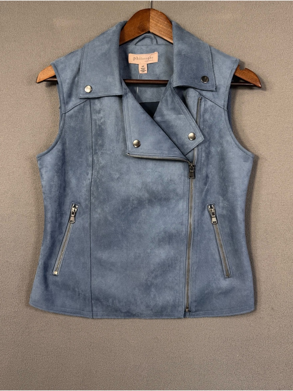 Philosophy Dusty Blue Shadow Faux Suede Sleeveless Moto Vest w/ Zipper, Small - Picture 2 of 16